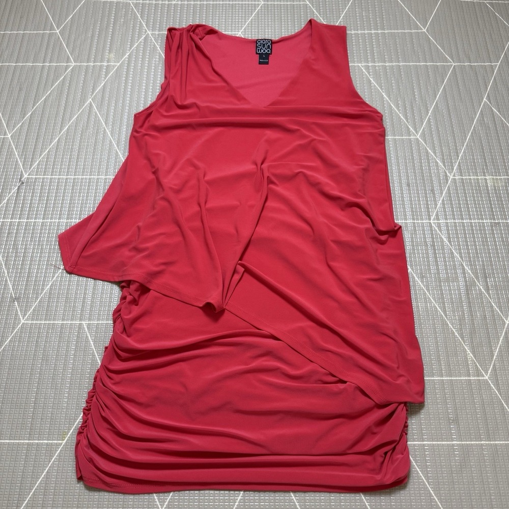 Clara Sun Woo Asymmetrical Draped Dress L Red Sleeveless Knit Stretch Travel